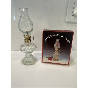 Vintage Miniature Clear Glass Oil Hurricane Lamp 7" Tall W Box